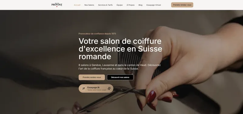 Site web salon de coiffure Franck Provost Genève Lausanne – essayage IA et réservation en ligne
